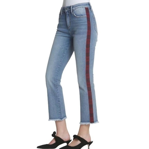 DRIFTWOOD Denim - Driftwood Jeans Women's Size 27 Straight Leg Frayed Hem Plaid Stripe Denim